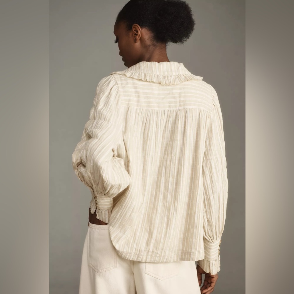 Pilcro Cream Striped Button-Up Blouse with Beige Embroidery - Picture 2 of 12